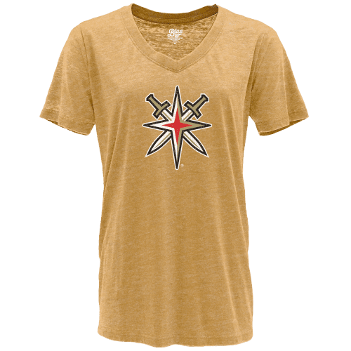 Tan V-neck t-shirt featuring crossed swords in Vegas Golden Knights women’s alternate logo junior design