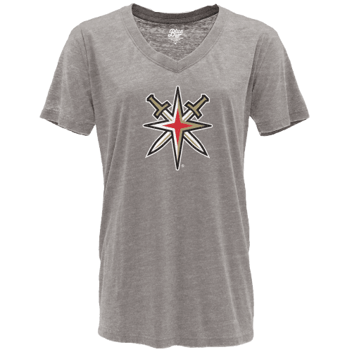 Gray V-neck t-shirt featuring a star logo and crossed swords for Golden Knights Women’s alternate logo junior mascot tee