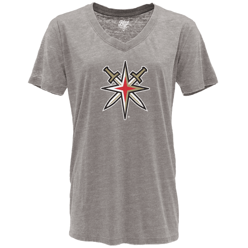 Gray V-neck t-shirt featuring a star logo and crossed swords for Golden Knights Women’s alternate logo junior mascot tee